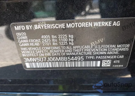 2021 BMW 3 Series M340I z USA, uszkodzony, nr VIN 3MW5U7J06M8B54495
